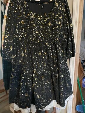 Ivy City Co Black Midi Dress with Gold Star Print